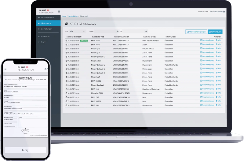 Blaue Kennzeichen App auf Laptop und Smartphone